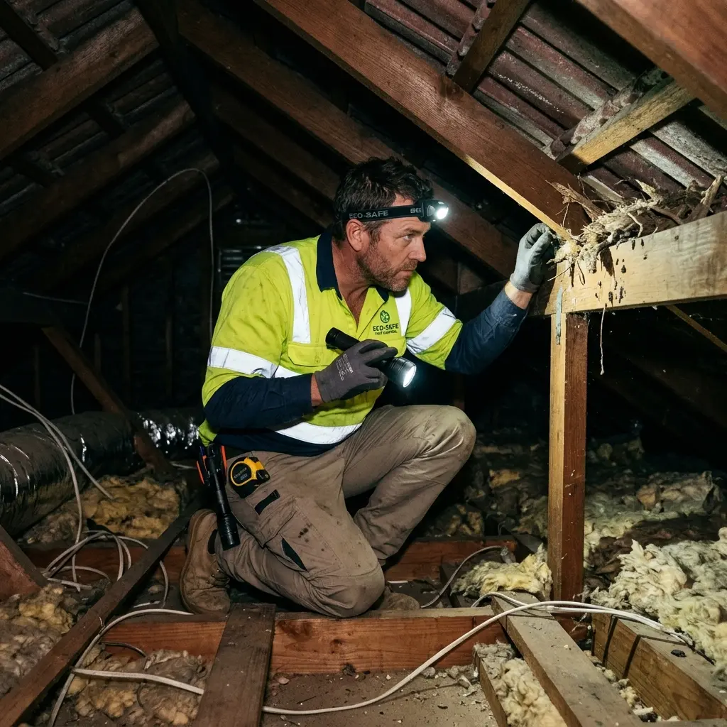 Technician inspecting a roof cavity for a dead animal in Newtown
