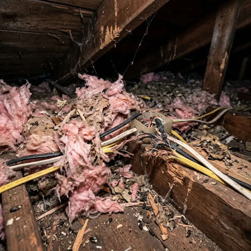 Contaminated ceiling insulation being assessed in a Newtown roof space