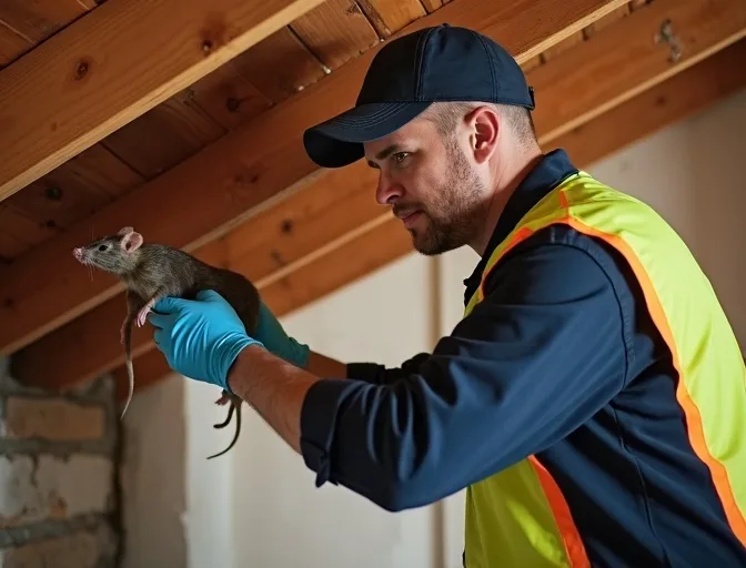Technician inspecting a roof cavity for a dead rat in Newtown